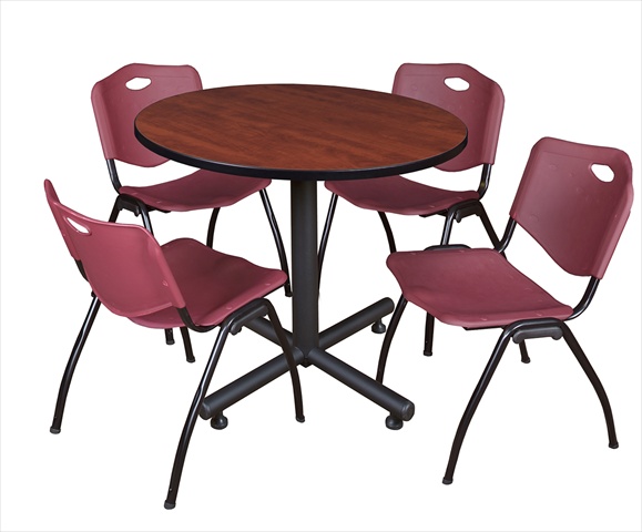 36 In. Round Laminate Table - Cherry & Kobe Base With 4 M Stacker Chairs - Burgundy