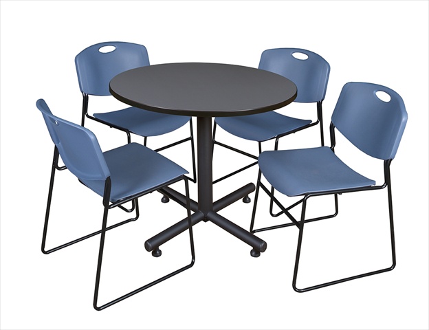 36 In. Round Laminate Table- Grey & Kobe Base With 4 Zeng Stacker Chairs- Blue