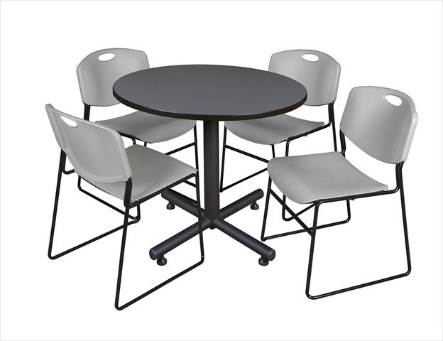 36 In. Round Laminate Table- Grey & Kobe Base With 4 Zeng Stacker Chairs- Grey