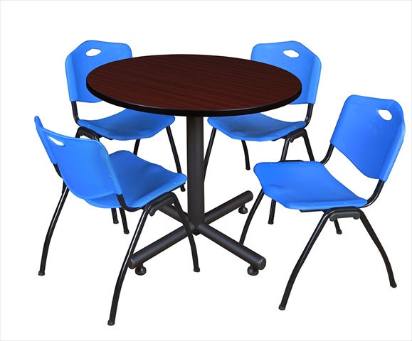 36 In. Round Laminate Table- Mahogany & Kobe Base With 4 M Stacker Chairs- Blue