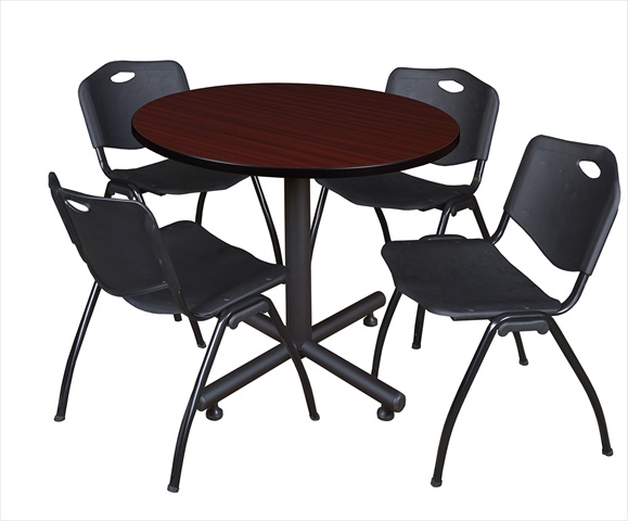 36 In. Round Laminate Table- Mahogany & Kobe Base With 4 M Stacker Chairs- Black