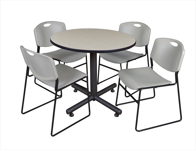 36 In. Round Laminate Table- Maple & Kobe Base With 4 Zeng Stacker Chairs- Grey