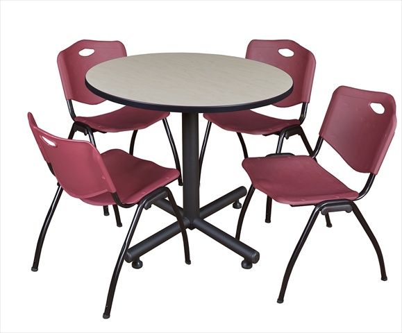 36 In. Round Laminate Table - Maple & Kobe Base With 4 M Stacker Chairs - Burgundy