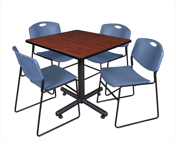 TKB4242CH44BE 42 In. Square Laminate Table, Cherry & Kobe Base With 4 Zeng Stacker Chairs, Blue -  Regency