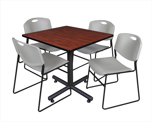 TKB4242CH44GY 42 In. Square Laminate Table, Cherry & Kobe Base With 4 Zeng Stacker Chairs, Grey -  Regency