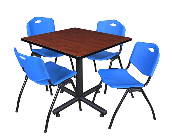 42 In. Square Laminate Table, Cherry & Kobe Base With 4 M Stacker Chairs, Blue