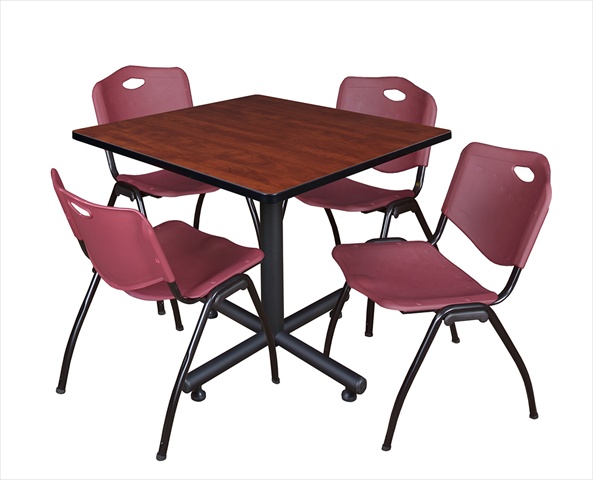 42 In. Square Laminate Table, Cherry & Kobe Base With 4 M Stacker Chairs, Burgundy