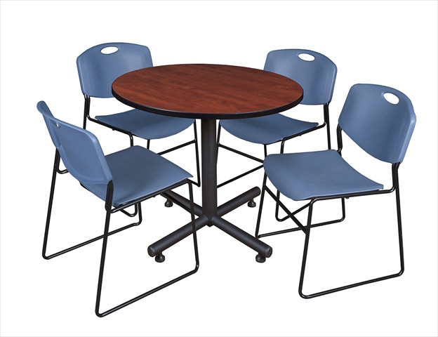 42 In. Round Laminate Table- Cherry & Kobe Base With 4 Zeng Stacker Chairs- Blue