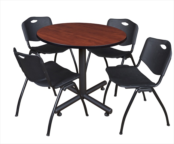 42 In. Round Laminate Table- Cherry & Kobe Base With 4 M Stacker Chairs- Black