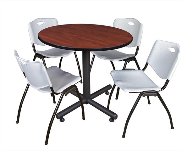 42 In. Round Laminate Table- Cherry & Kobe Base With 4 M Stacker Chairs- Grey