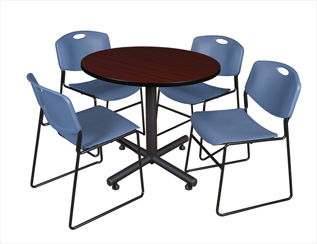 42 In. Round Laminate Table- Mahogany & Kobe Base With 4 Zeng Stacker Chairs- Blue