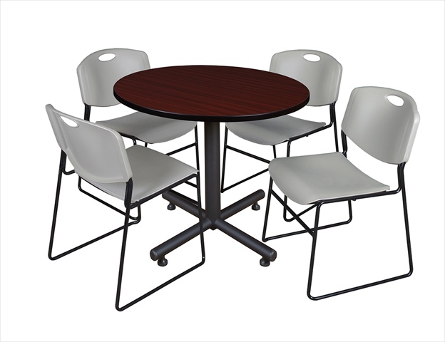 42 In. Round Laminate Table- Mahogany & Kobe Base With 4 Zeng Stacker Chairs- Grey