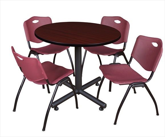 42 In. Round Laminate Table - Mahogany & Kobe Base With 4 M Stacker Chairs - Burgundy