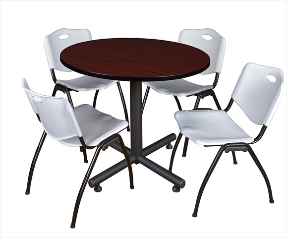 42 In. Round Laminate Table- Mahogany & Kobe Base With 4 M Stacker Chairs- Grey