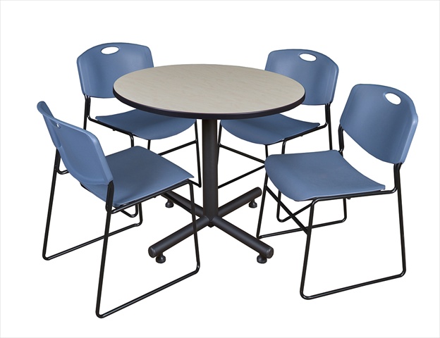 42 In. Round Laminate Table- Maple & Kobe Base With 4 Zeng Stacker Chairs- Blue