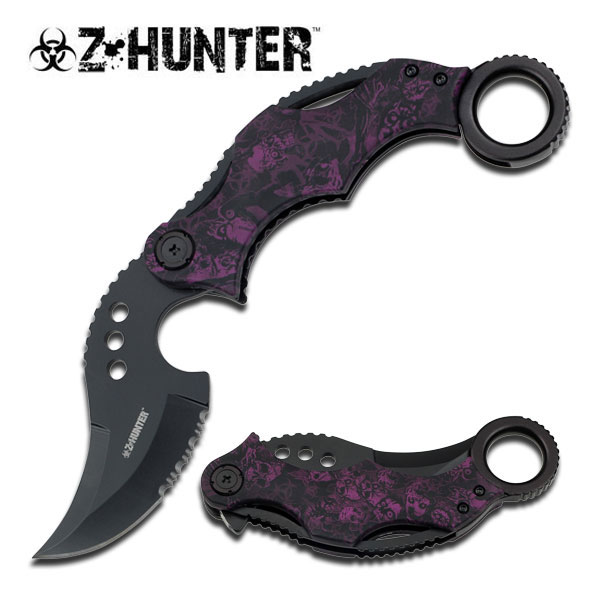 Zombie Tactical Skinner Assisted Opening Serrated Knife, Purple