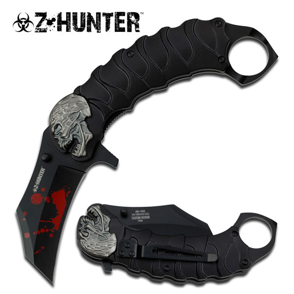 Zombie Tactical Black Assisted Opening Knife With Finger Ring