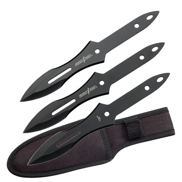 All Black Throwing Knife Set With Cloth Tie Carrying Case, 3 Piece