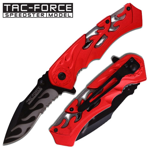 Spring Assisted Chopper Flame Folding Knife - Silver