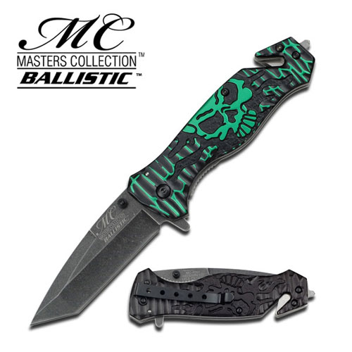 Rescue Spring Assisted Folder Knife - Black With Green Skull Han
