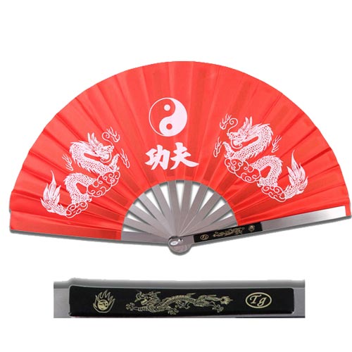 Metal Frame Kung Fu Fighting Fan - Yin Yang Dragons - Red