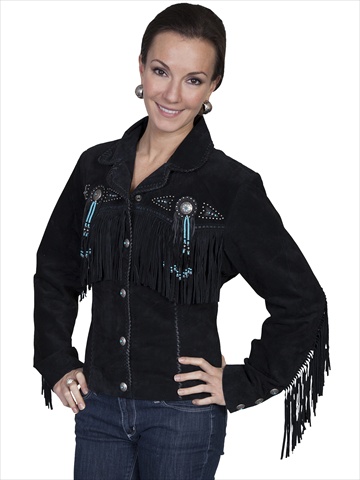 L152-19-XS Ladies Fringe & Beaded Leather Jacket - Black Boar Suede- Extra Small -  Scully