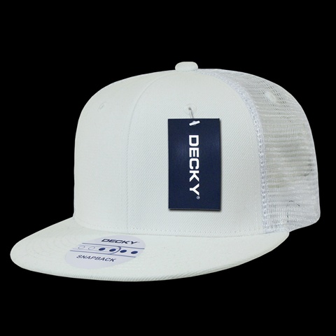 1052-WHT 6 Panel Flat Bill Trucker Caps- White