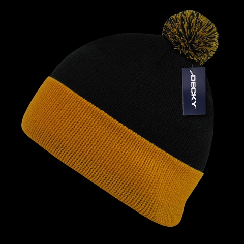 687-BLKGLD Athletic Pom Pom Beanies- Black & Gold