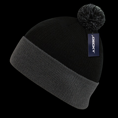 687-BLKGRY Athletic Pom Pom Beanies, Black & Grey