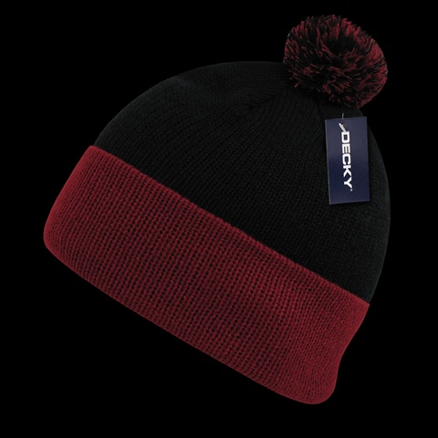 687-BLKRED Athletic Pom Pom Beanies, Black & Red
