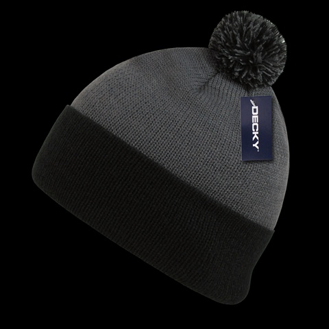 687-GRYBLK Athletic Pom Pom Beanies, Grey & Black