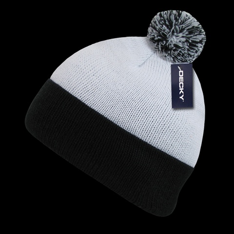 687-WHTBLK Athletic Pom Pom Beanies, White & Black