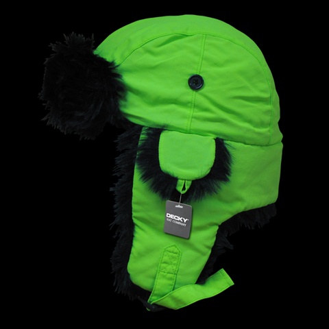 Black Synthetic Fur Aviator Hat- Neon Green - Large & Extra Large
