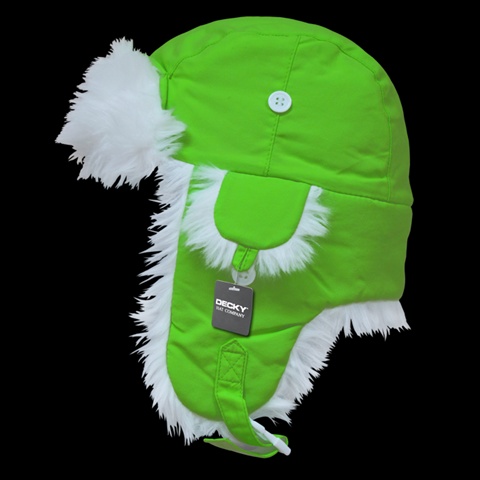 White Synthetic Fur Aviator Hat- Neon Green - Large & Extra Large
