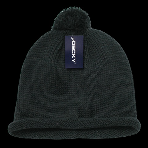 611A-BLK Solid RollUp Beanie With Pom Pom- Black
