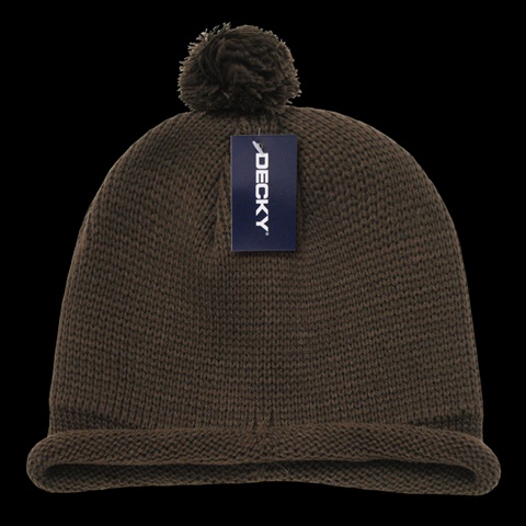 Solid RollUp Beanie With Pom Pom- Brown