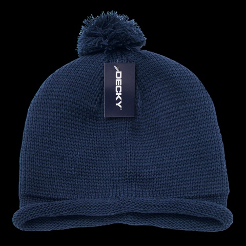 611A-NVY Solid RollUp Beanie With Pom Pom- Navy