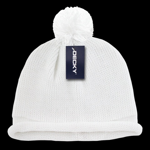 611A-WHT Solid RollUp Beanie With Pom Pom- White