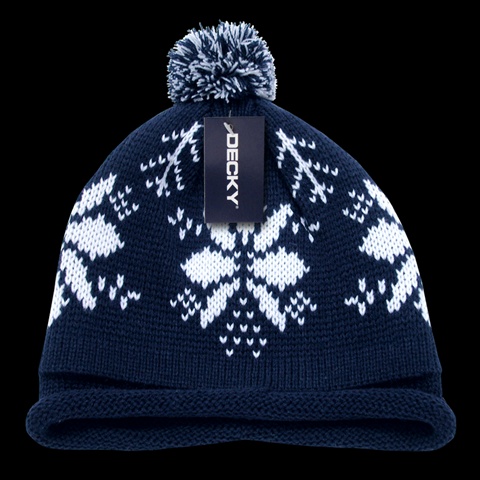 611B-NVY Snowflake Roll Up Beaine With Pom- Navy & White
