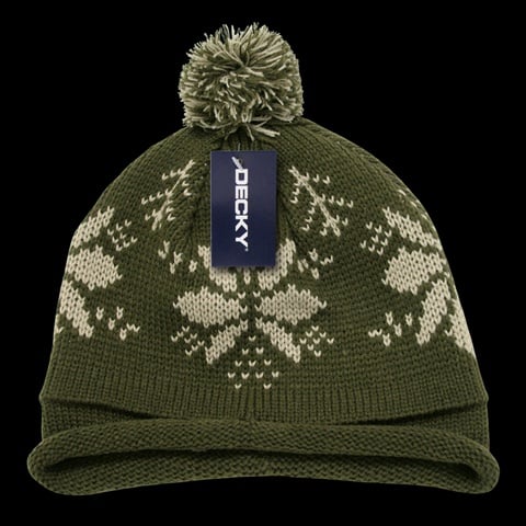 611B-OLV Snowflake Roll Up Beaine With Pom- Olive & Stain