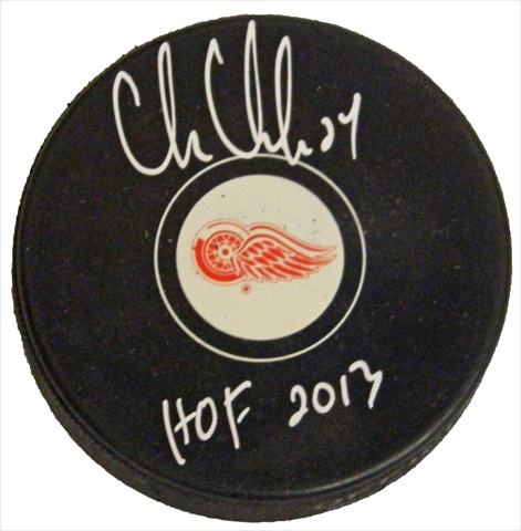Chris Chelios Signed Red Wings Logo Hockey Puck With Hof 2013