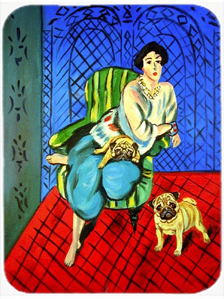 Picture of Carolines Treasures 7072LCB 15 x 12 in. Lady With Her Pug Glass Cutting Board - Large