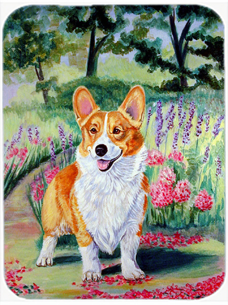 Picture of Carolines Treasures 7077LCB 15 x 12 in. Corgi Springtime In The Garden Glass Cutting Board - Large