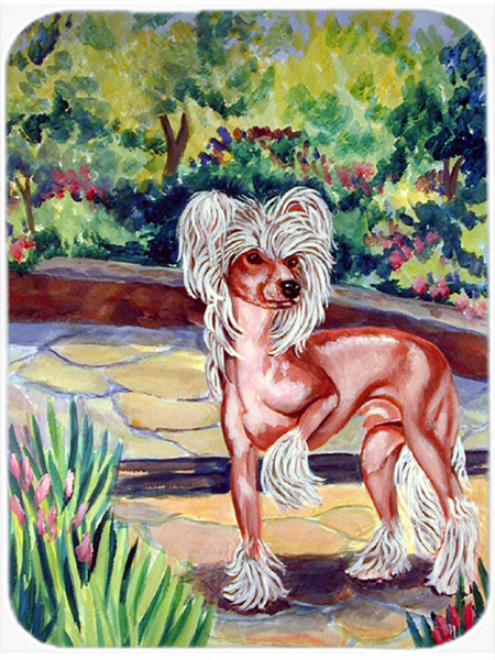 Picture of Carolines Treasures 7021LCB Chinese Crested on the patio Glass Cutting Board - Large- 15 x 12 in.