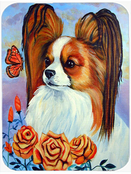 Picture of Carolines Treasures 7039LCB Papillon in the roses Glass Cutting Board - Large- 15 x 12 in.