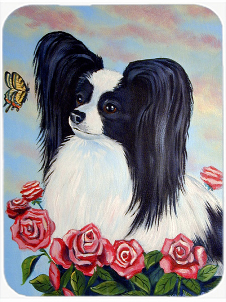 Picture of Carolines Treasures 7040LCB Black and White Papillon in Roses Glass Cutting Board - Large- 15 x 12 in.