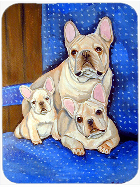 Picture of Carolines Treasures 7055LCB White Frenchies in Mommas Chair French Bulldog Glass Cutting Board - Large- 15 x 12 in.