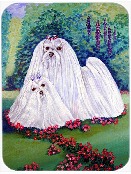 Picture of Carolines Treasures 7104LCB Maltese and puppy Garden Beauties Glass Cutting Board - Large- 15 x 12 in.