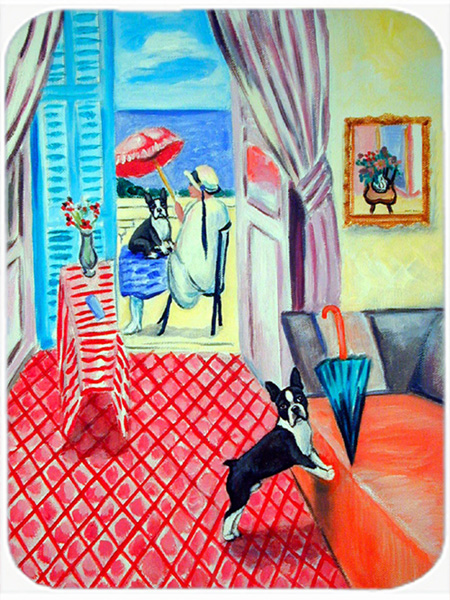 Picture of Carolines Treasures 7120LCB Lady with her Boston Terrier Glass Cutting Board - Large- 15 x 12 in.