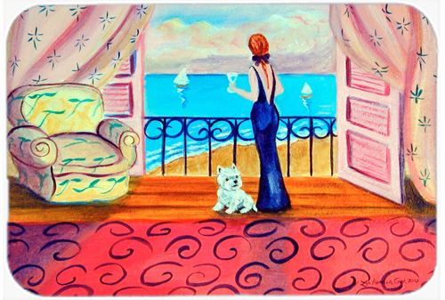 Picture of Carolines Treasures 7125LCB Westie with Mom and a view Glass Cutting Board - Large- 15 x 12 in.